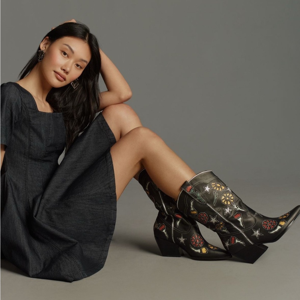 NWT Anthropologie Pilcro Short-Sleeve Square-Neck Dark Denim Mini Dress